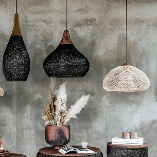 Rattan chandelier over a dining table